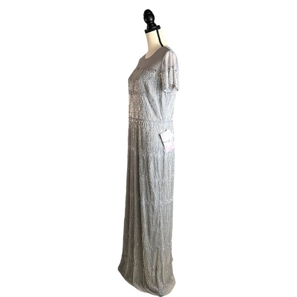 JS Collections Illusion Yoke Beaded Column Gown Dress Silver / Grey plus Formal - Picture 4 of 15